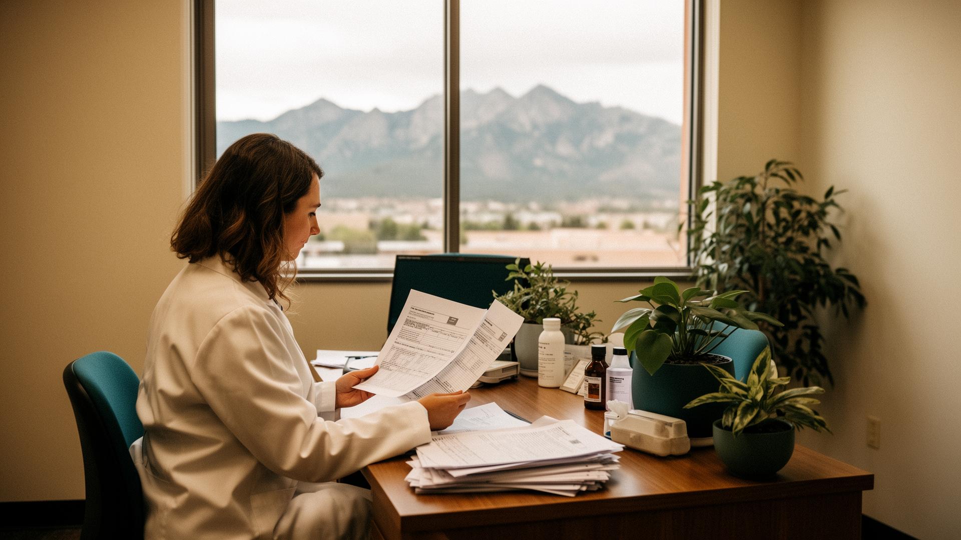 A clinician reviewing printed lab reports at a desk with a view of the Front Range