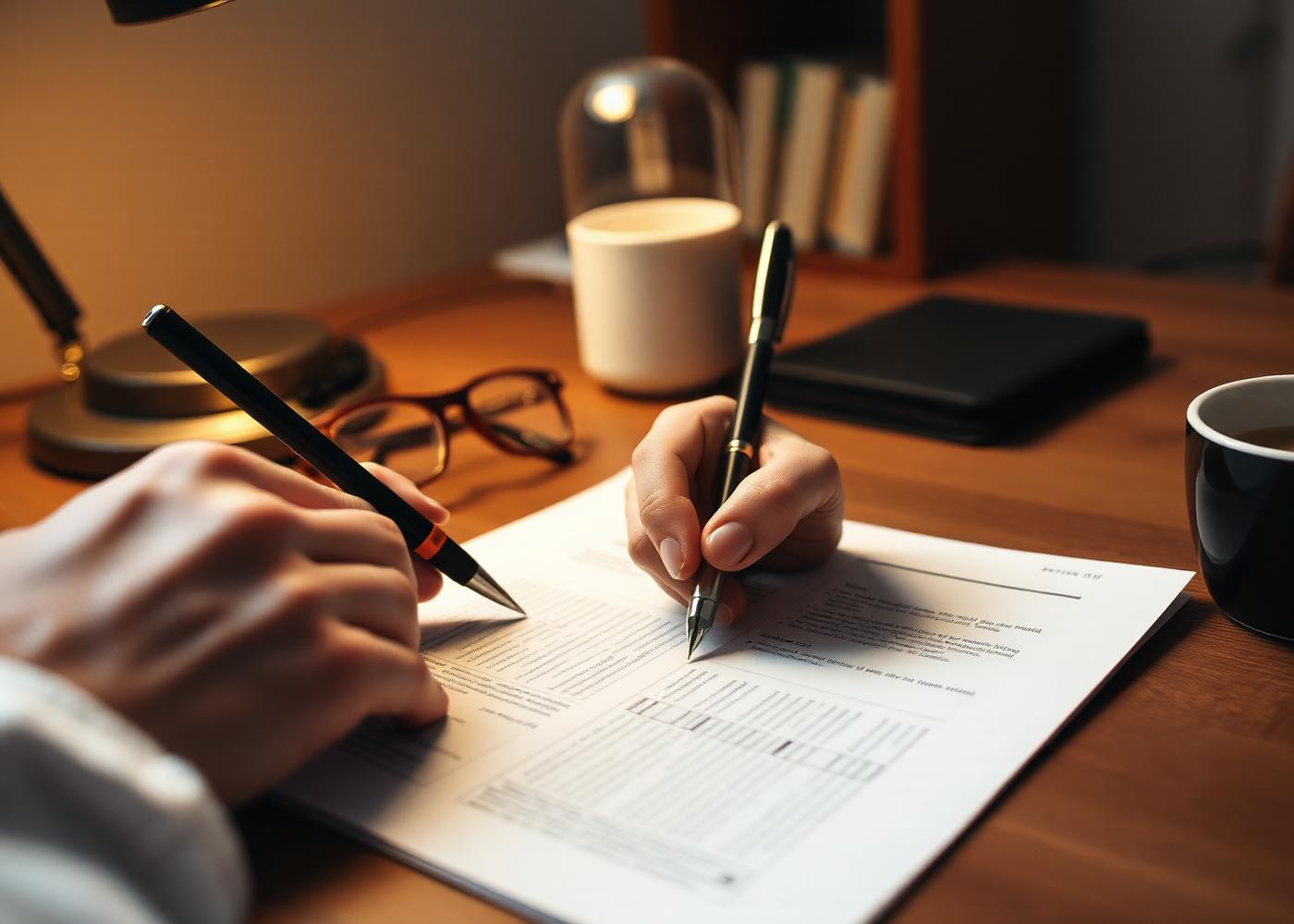 A clinician annotating a printed lab report at a wooden desk